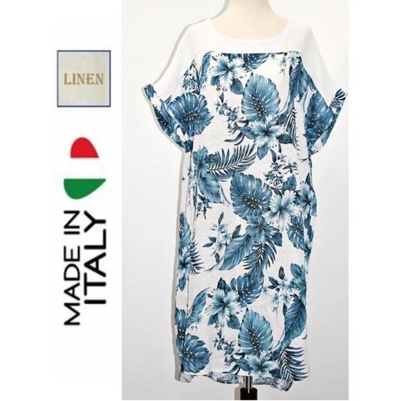 Lungo L'Arno 100% Italian Linen Dress Contrast Shoulder Detail Size 1X Floral - Picture 4 of 7
